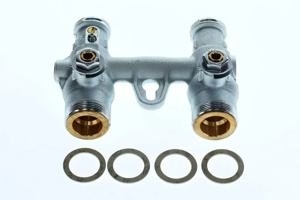 BOSCH Kugelhahn mit zwei Anschlüssen und Montageelementen. Das Produkt ist aus Metall mit gewindeförmigen Enden und mehreren Dichtungsringen im Bild sichtbar.